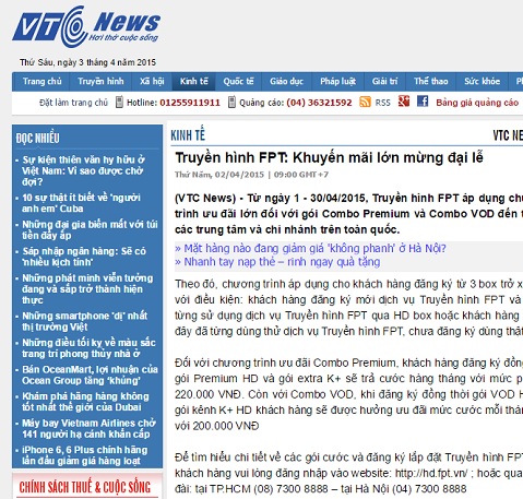 Truyền hình FPT trên báo VTC New