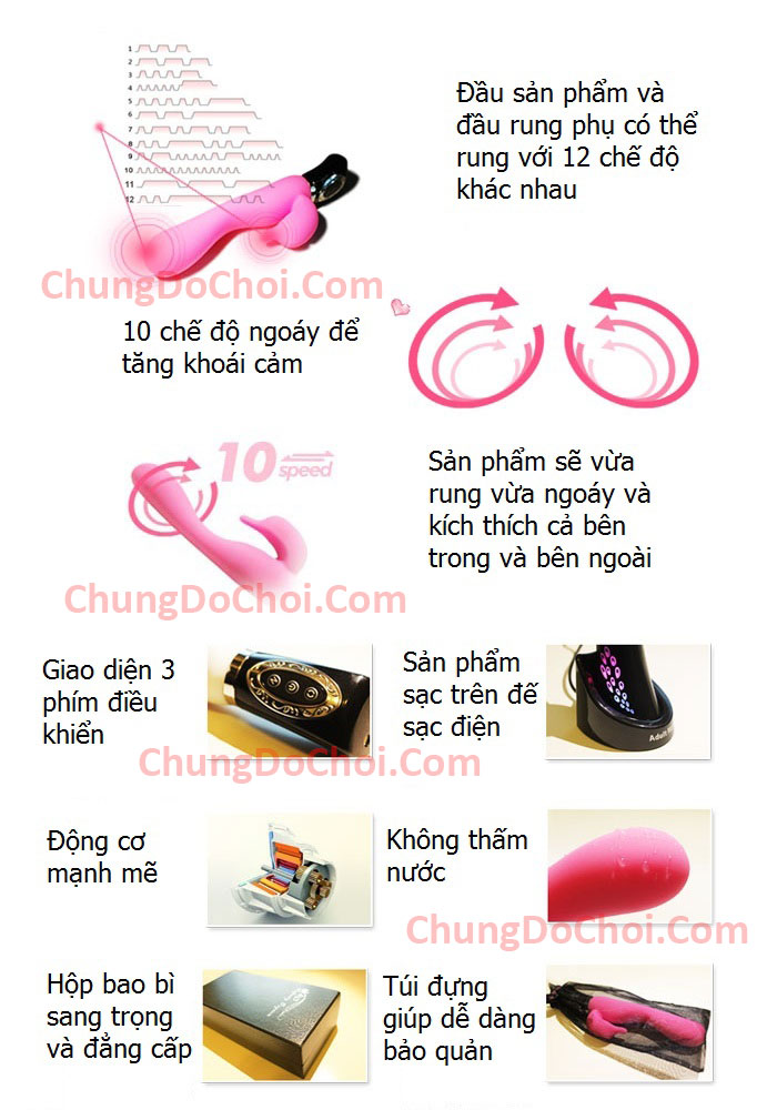 Sản phẩm có 12 chế độ rung và 10 chế độ ngoáy với tổ hợp lên tới 120 chế độ Sản phẩm có 12 chế độ rung và 10 chế độ ngoáy với tổ hợp lên tới 120 chế độ