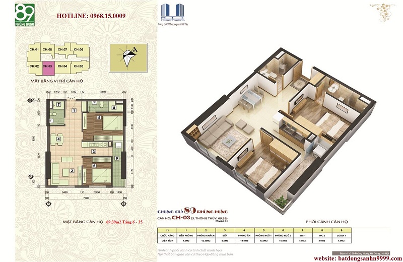 Mặt Bằng Căn Hộ 69,39m2 - Chung Cư 89 Phùng Hưng