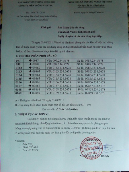 Giả mạo văn bản Viettel tung tin kéo dài đầu số di động Giả mạo văn bản Viettel tung tin kéo dài đầu số di động