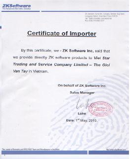 CHỨNG NHẬN NHẬP KHẨU MÁY CHẤM CÔNG, KIỂM SOÁT RA VÀO ZK SOFTWARE