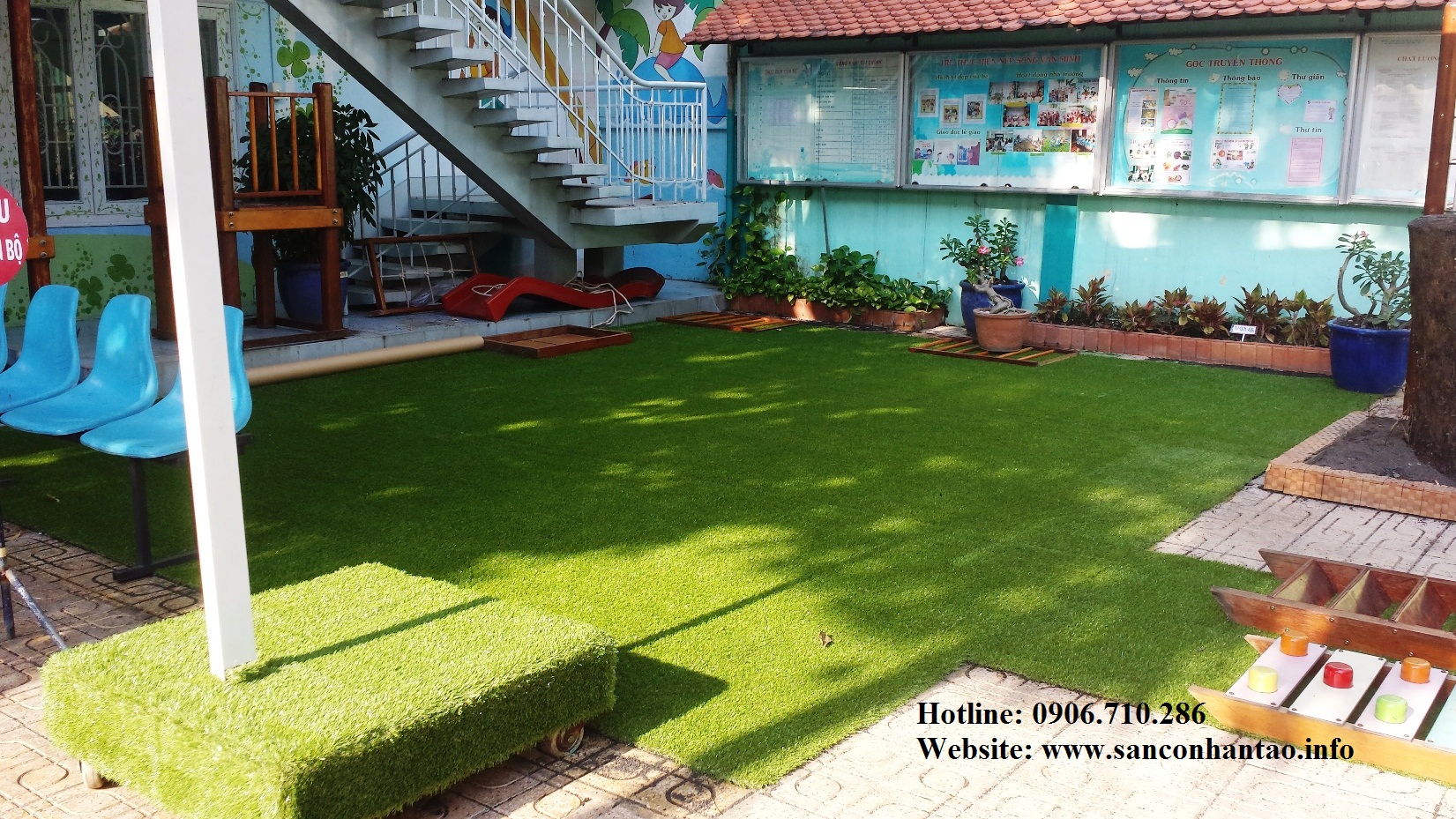 Thảm cỏ nhân tạo sân vườn trang trí trường mầm non siêu rẻ